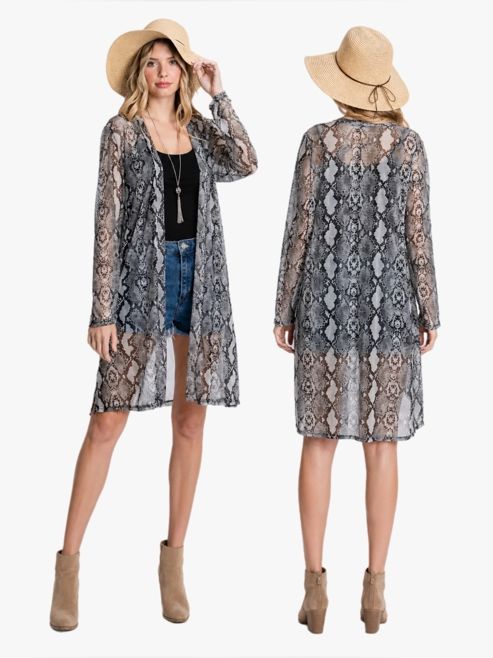 Jade by Jane Snake Print Sheer Duster Cardigan Open Front Size Large L Boho
